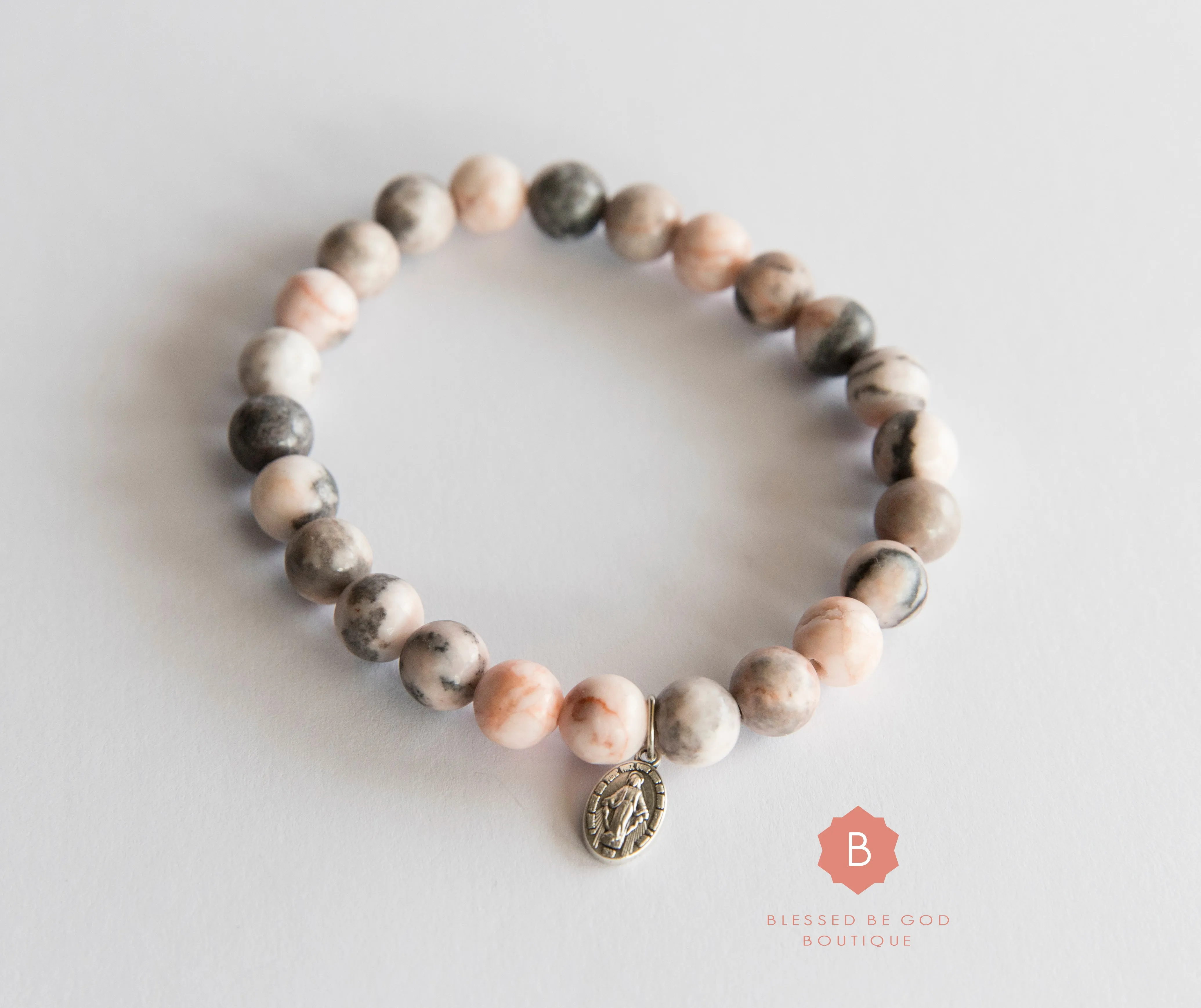 Catholic bracelet, Miraculous Medal, zebra jasper