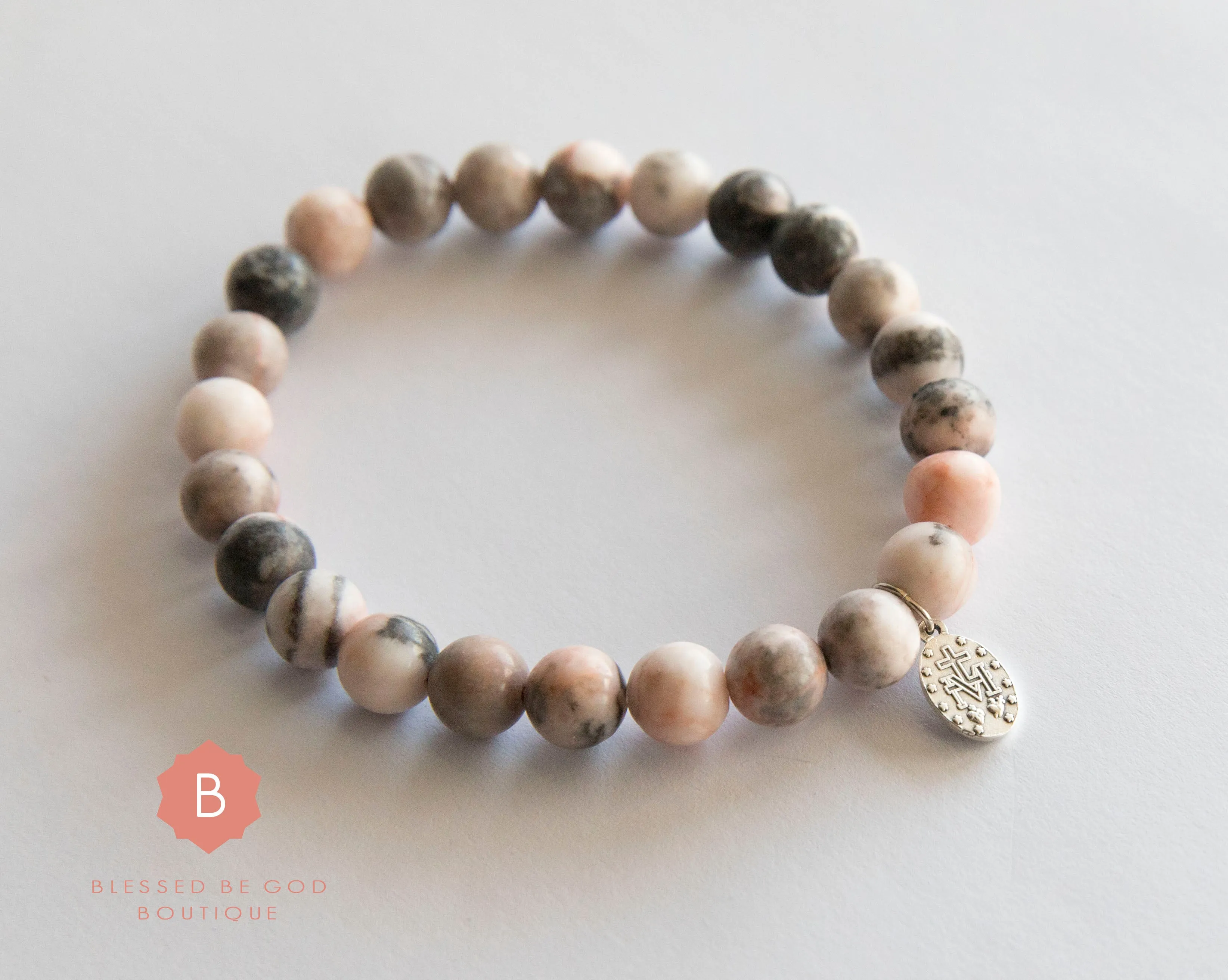 Catholic bracelet, Miraculous Medal, zebra jasper