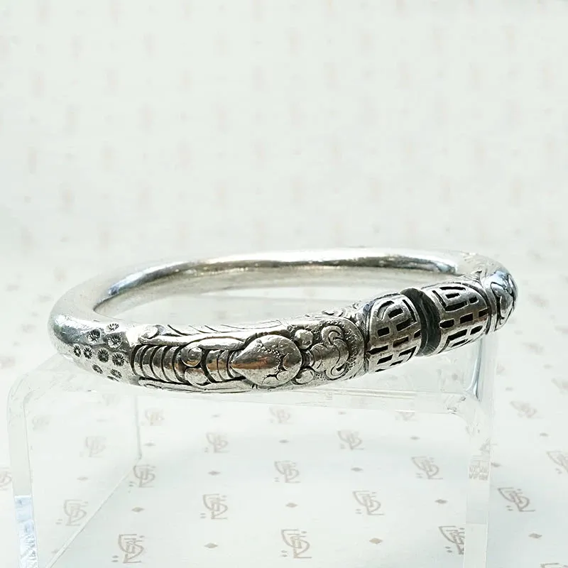 Celestial Double Dragons Split Silver Bangle