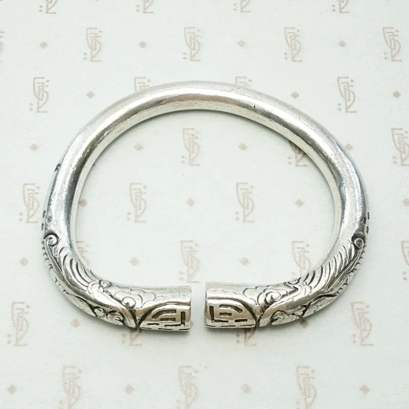 Celestial Double Dragons Split Silver Bangle