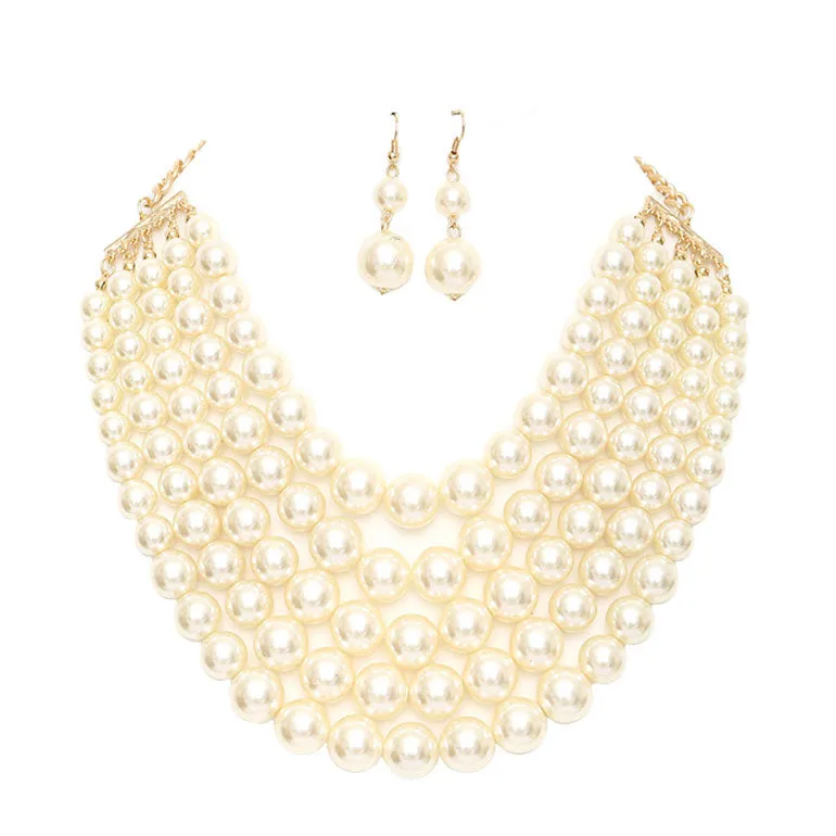 Chunky Multi Strand Pearl Bib Necklace