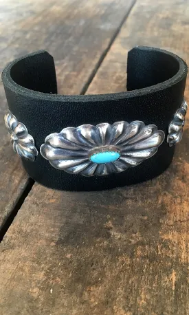 CONCHO CUFF 1970s Style Navajo Turquoise Concho Style Leather Cuff