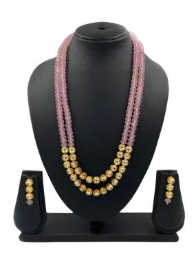 Designer Semi Precious Rose Quartz and Kundan Double Strand Beaded Necklace Set