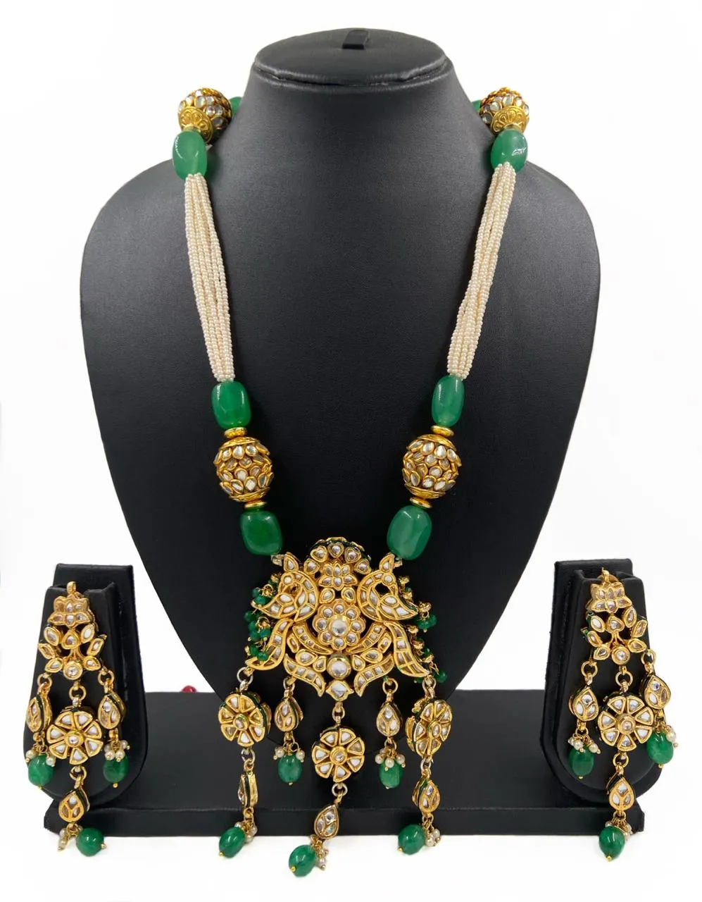 Designer Statement Gold Toned Long Kundan Pendant Necklace Set For Woman