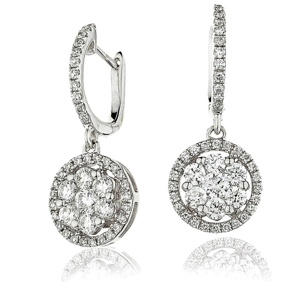 DIAMOND CLUSTER HALO DROP HOOP EARRING IN 18K WHITE GOLD