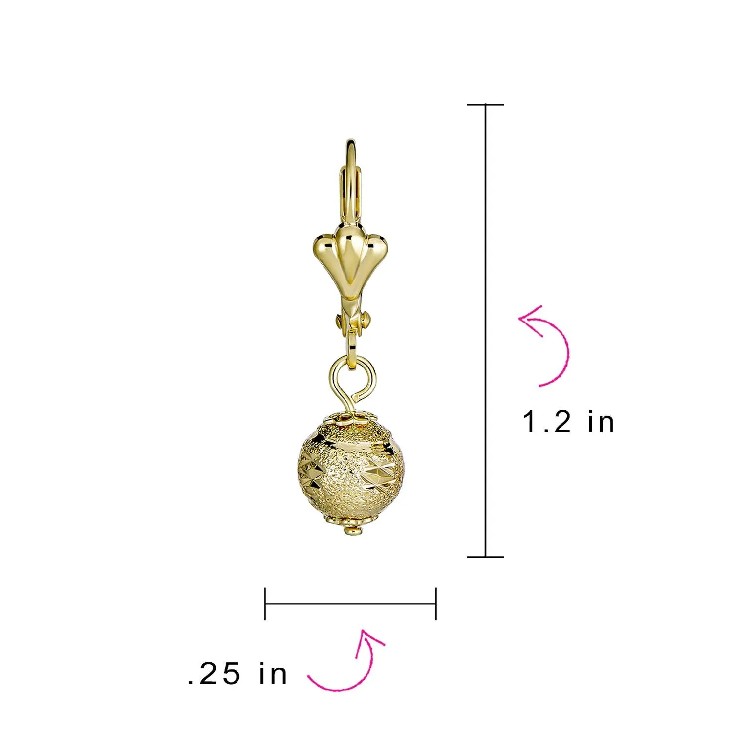 Diamond-Cut Spheres Leverback Drop Ball Earrings Gold Plated 6-12MM