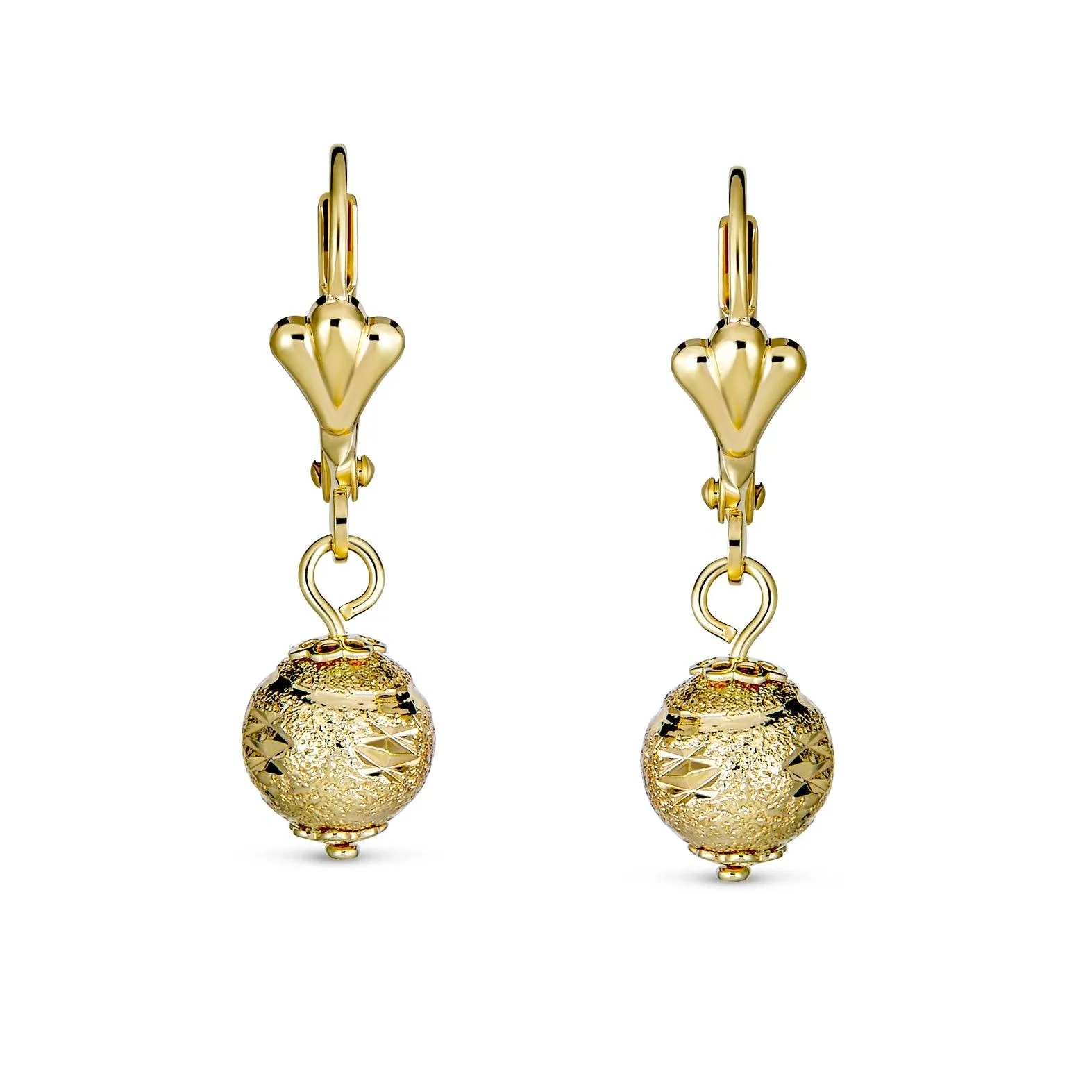 Diamond-Cut Spheres Leverback Drop Ball Earrings Gold Plated 6-12MM