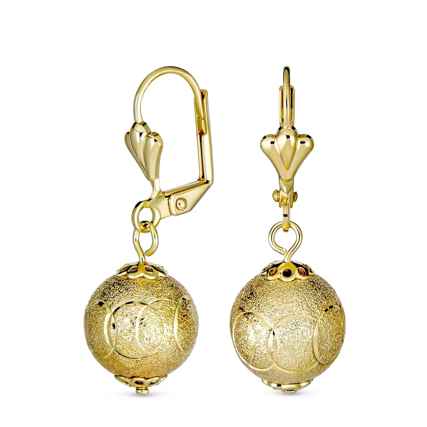 Diamond-Cut Spheres Leverback Drop Ball Earrings Gold Plated 6-12MM