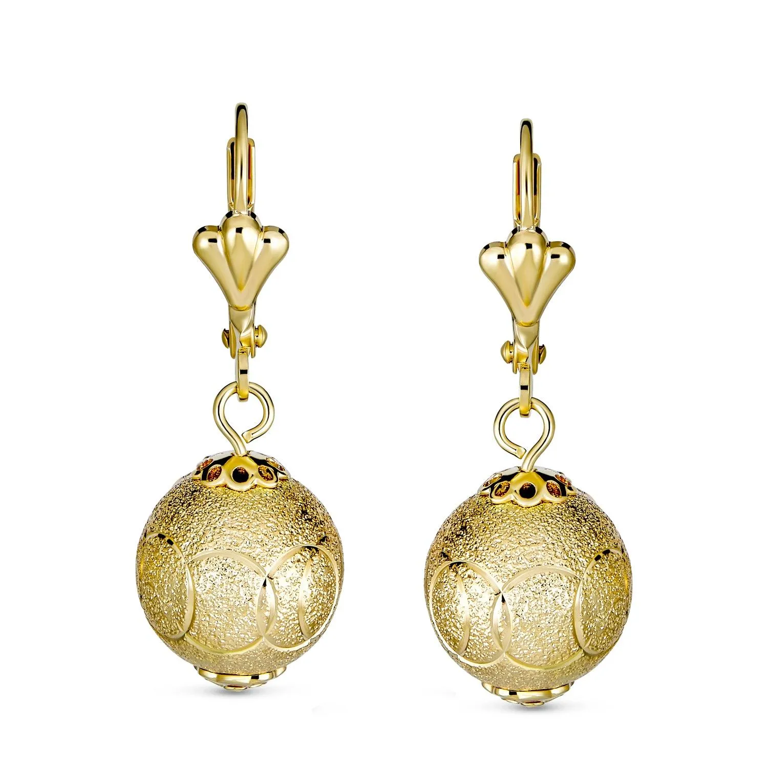 Diamond-Cut Spheres Leverback Drop Ball Earrings Gold Plated 6-12MM