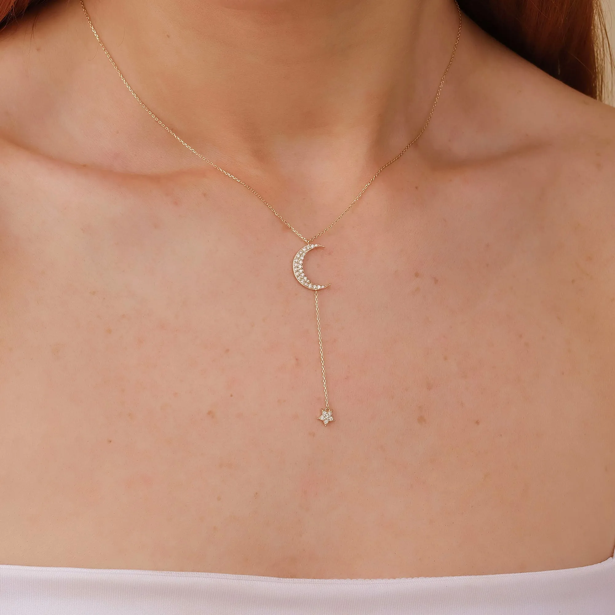 Diamond Moon and Star Lariat Necklace, Astrid