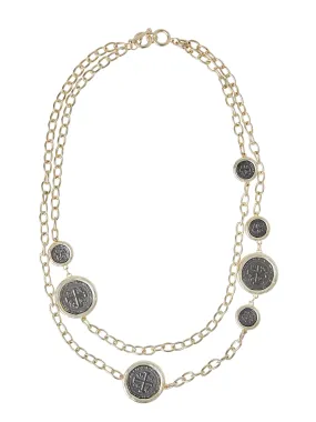 Double Strand Matte Gold-Tone Trimmed Coin Necklace