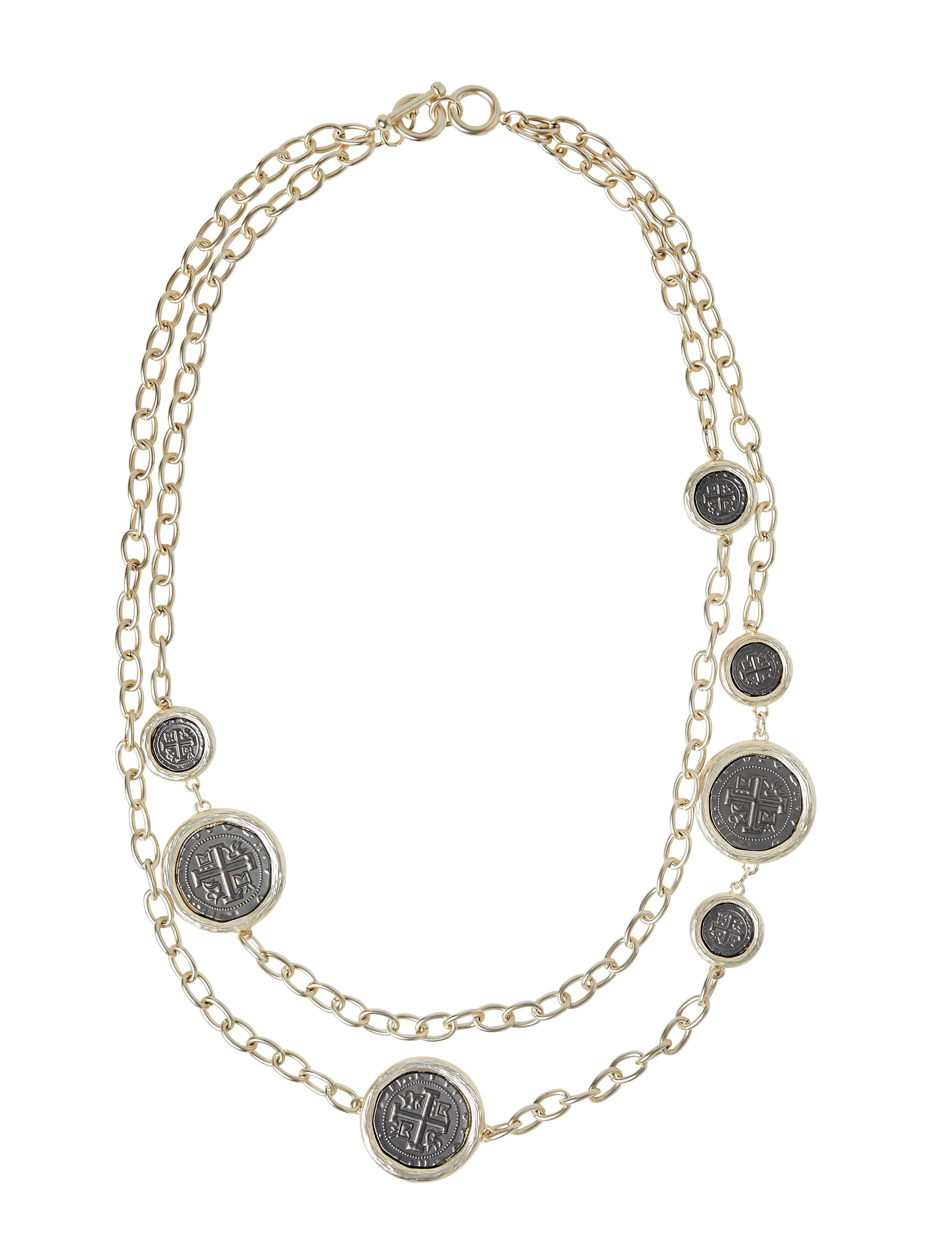 Double Strand Matte Gold-Tone Trimmed Coin Necklace