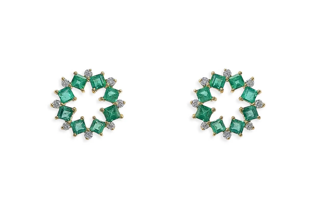 Earrings 18kt Gold Open Flowers Gems & Diamonds Studs