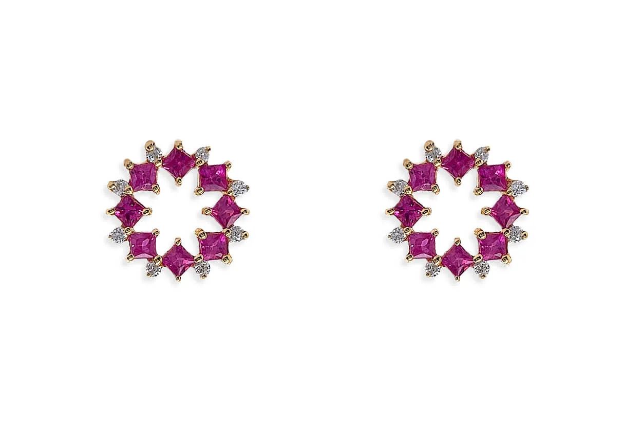 Earrings 18kt Gold Open Flowers Gems & Diamonds Studs