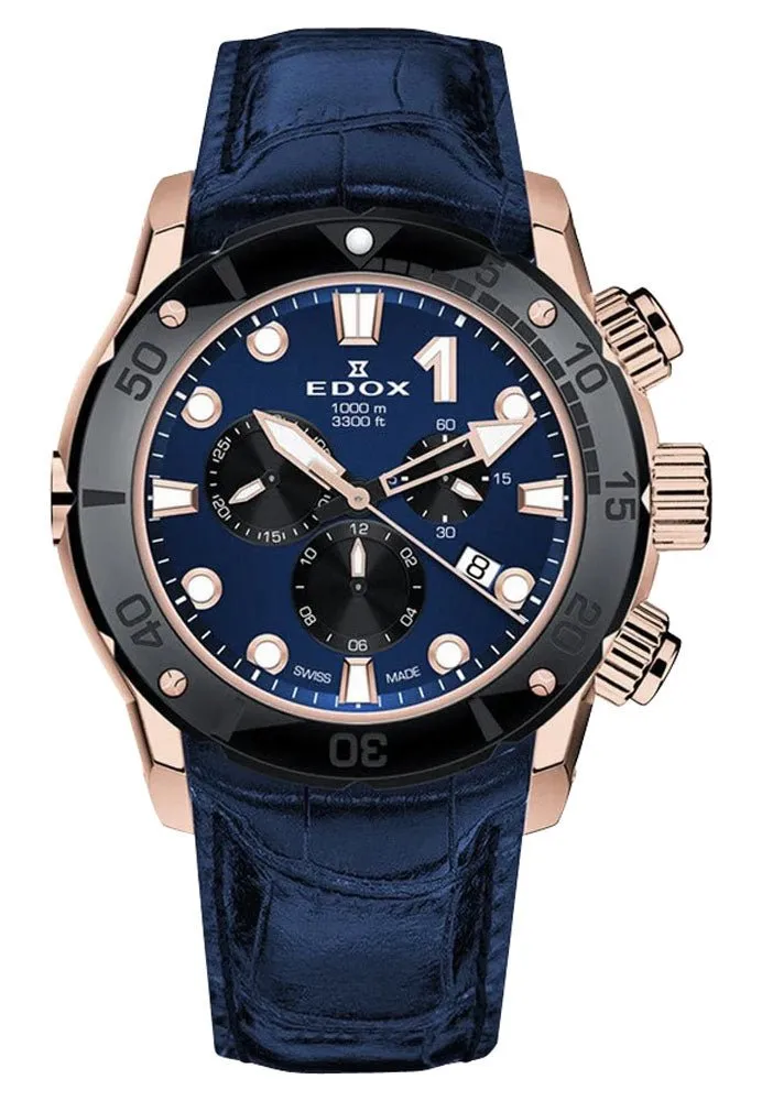 Edox CO-1 Chronograph Rose Gold PVD Titanium Blue Dial Blue Leather Strap Date Divers Quartz Mens Watch 10242-TINR-BUIRN