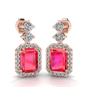 Emerald Cut 1 Carat Ruby Lab Grown Diamond Halo Drop Earrings E1ECR