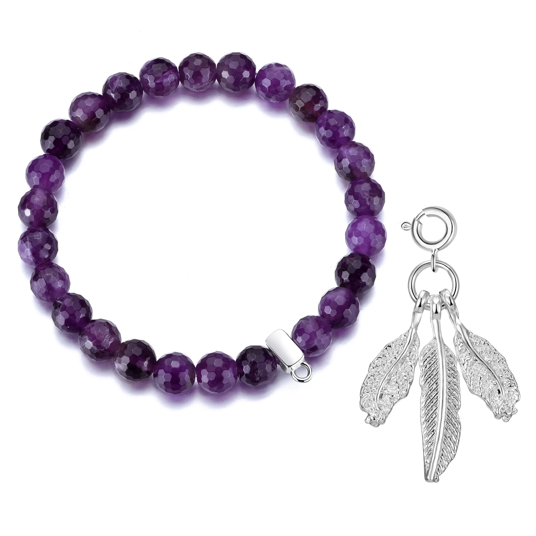 Faceted Amethyst Gemstone Stretch Bracelet with Charm Created with Zircondia® Crystals