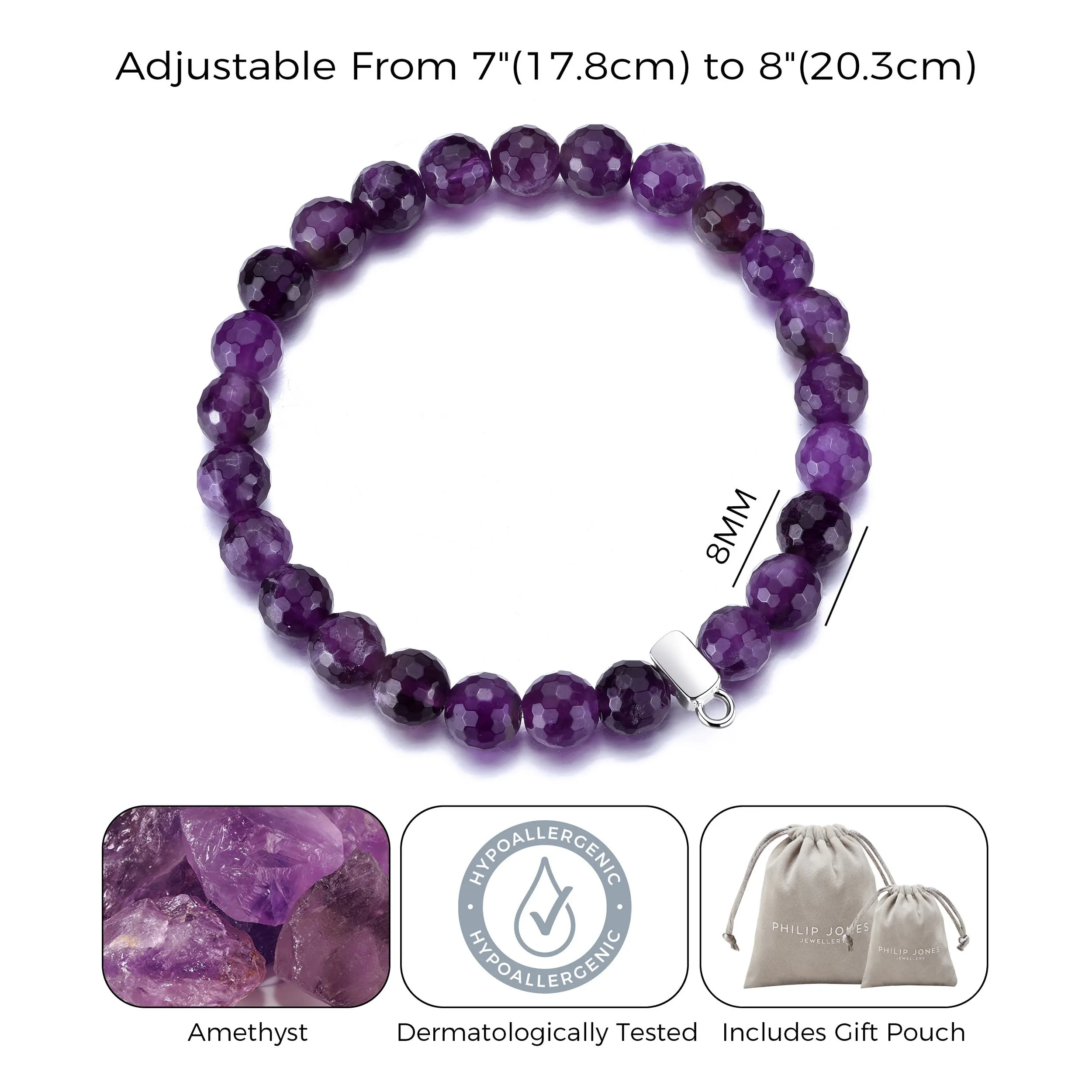 Faceted Amethyst Gemstone Stretch Bracelet with Charm Created with Zircondia® Crystals