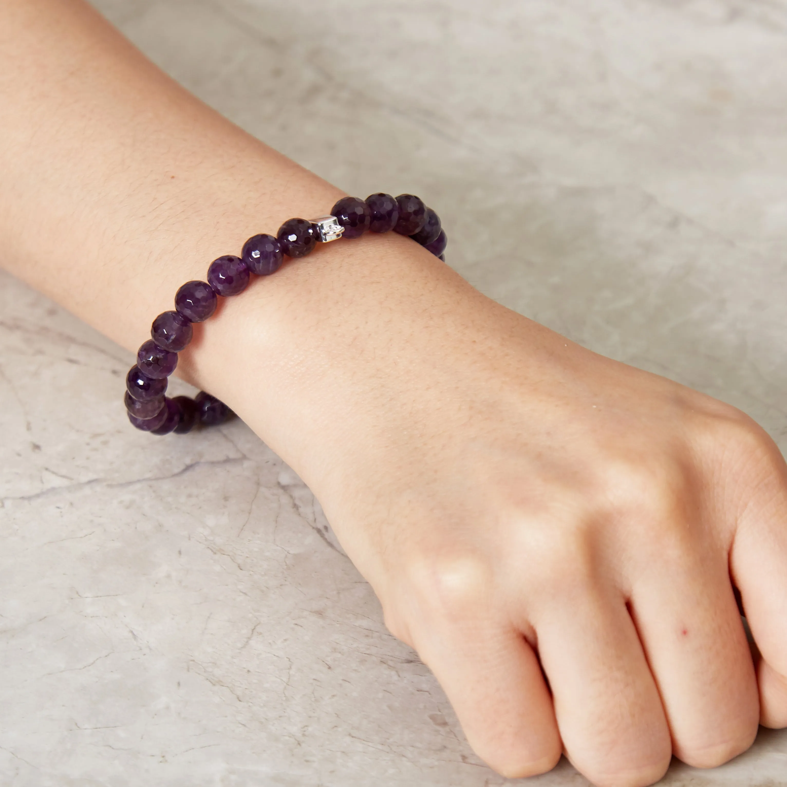 Faceted Amethyst Gemstone Stretch Bracelet with Charm Created with Zircondia® Crystals