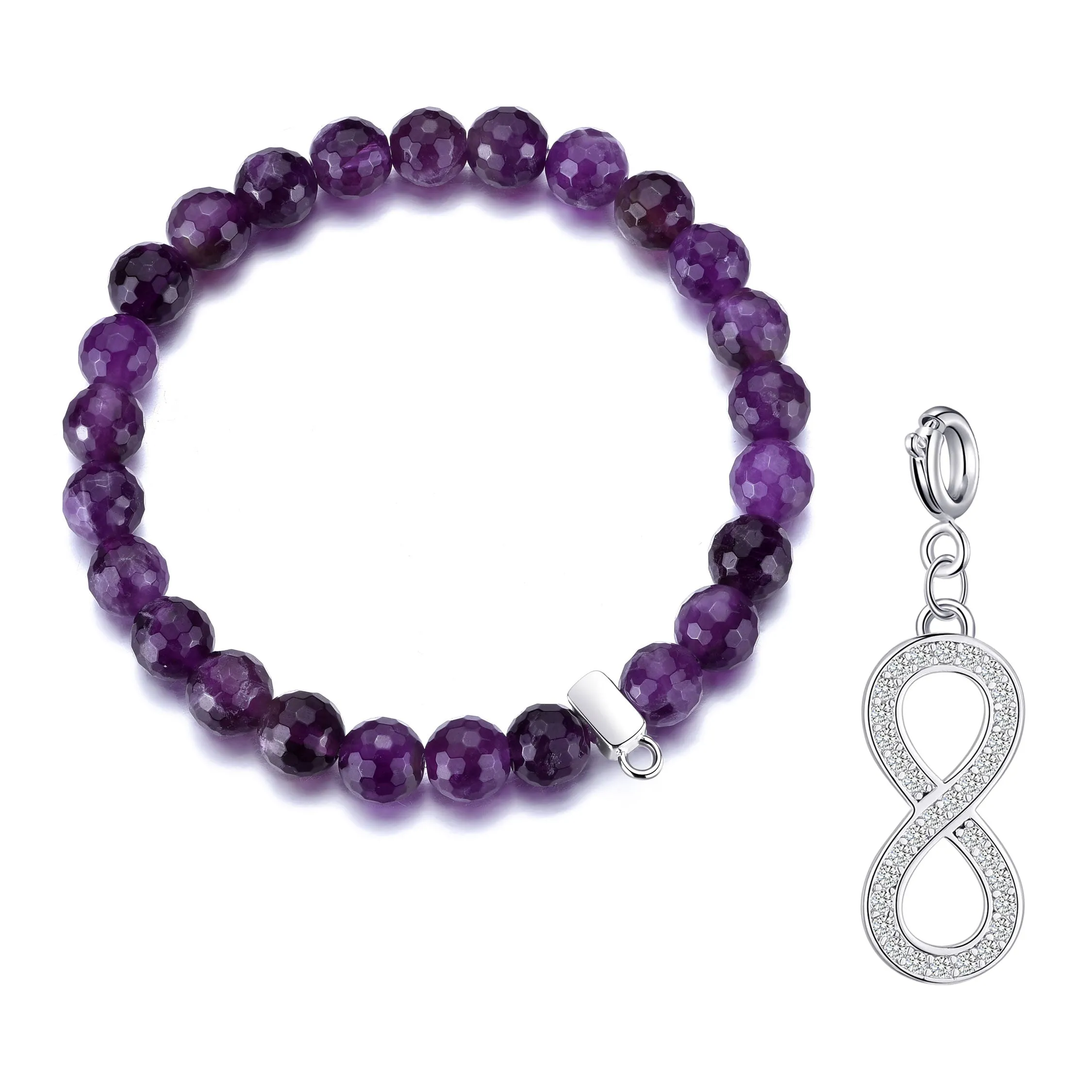 Faceted Amethyst Gemstone Stretch Bracelet with Charm Created with Zircondia® Crystals