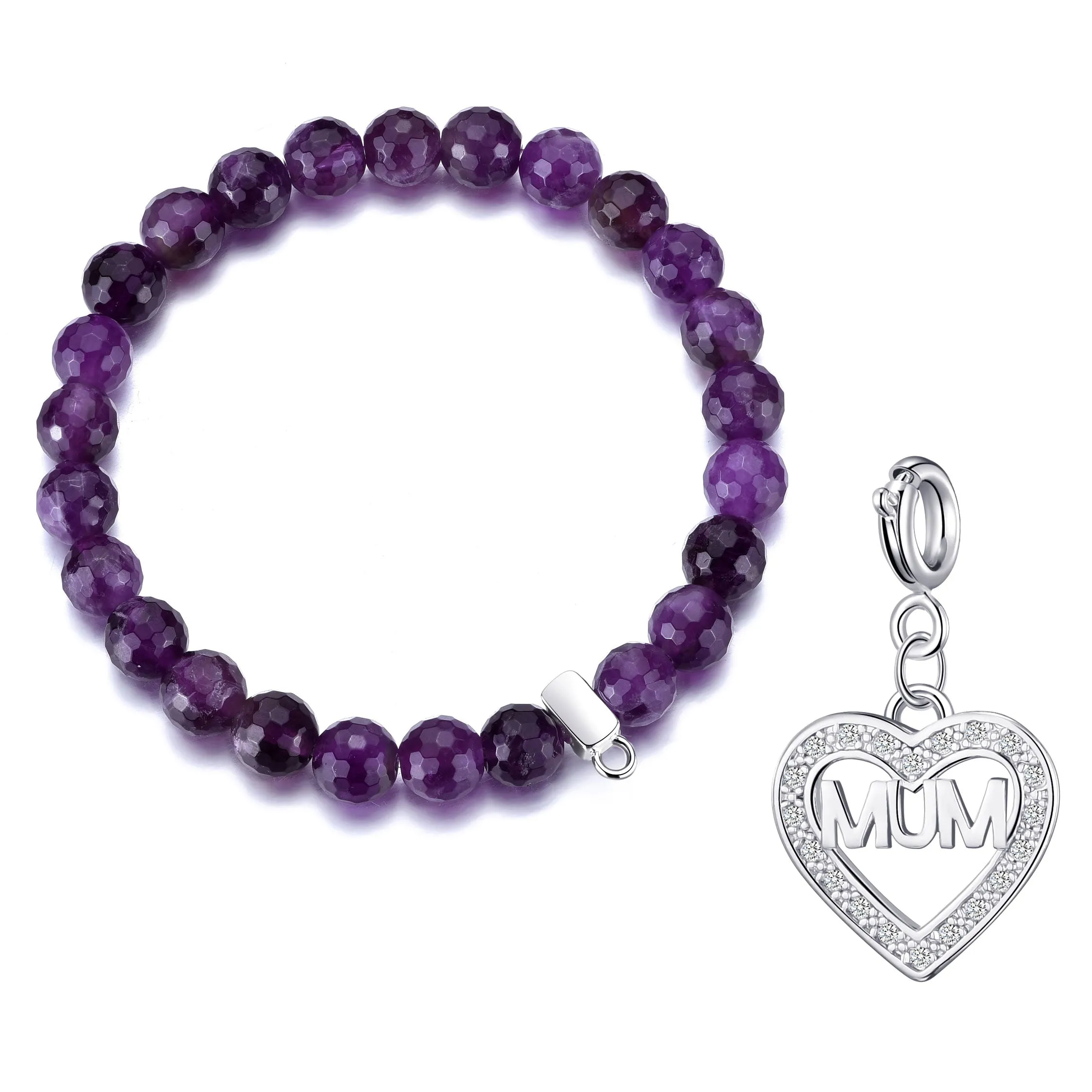 Faceted Amethyst Gemstone Stretch Bracelet with Charm Created with Zircondia® Crystals