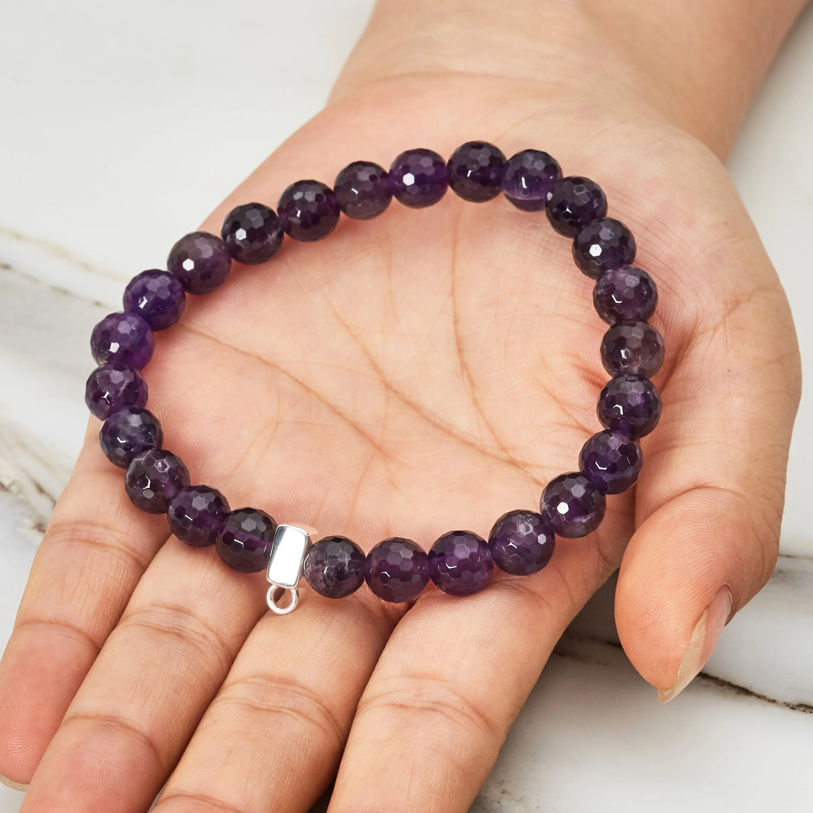 Faceted Amethyst Gemstone Stretch Bracelet with Charm Created with Zircondia® Crystals