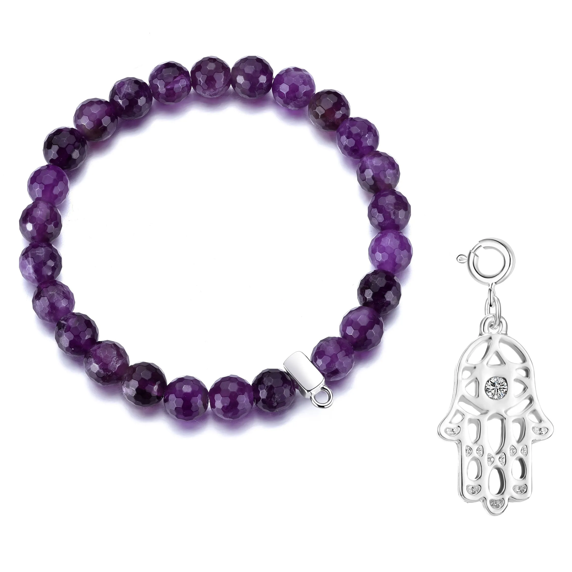 Faceted Amethyst Gemstone Stretch Bracelet with Charm Created with Zircondia® Crystals