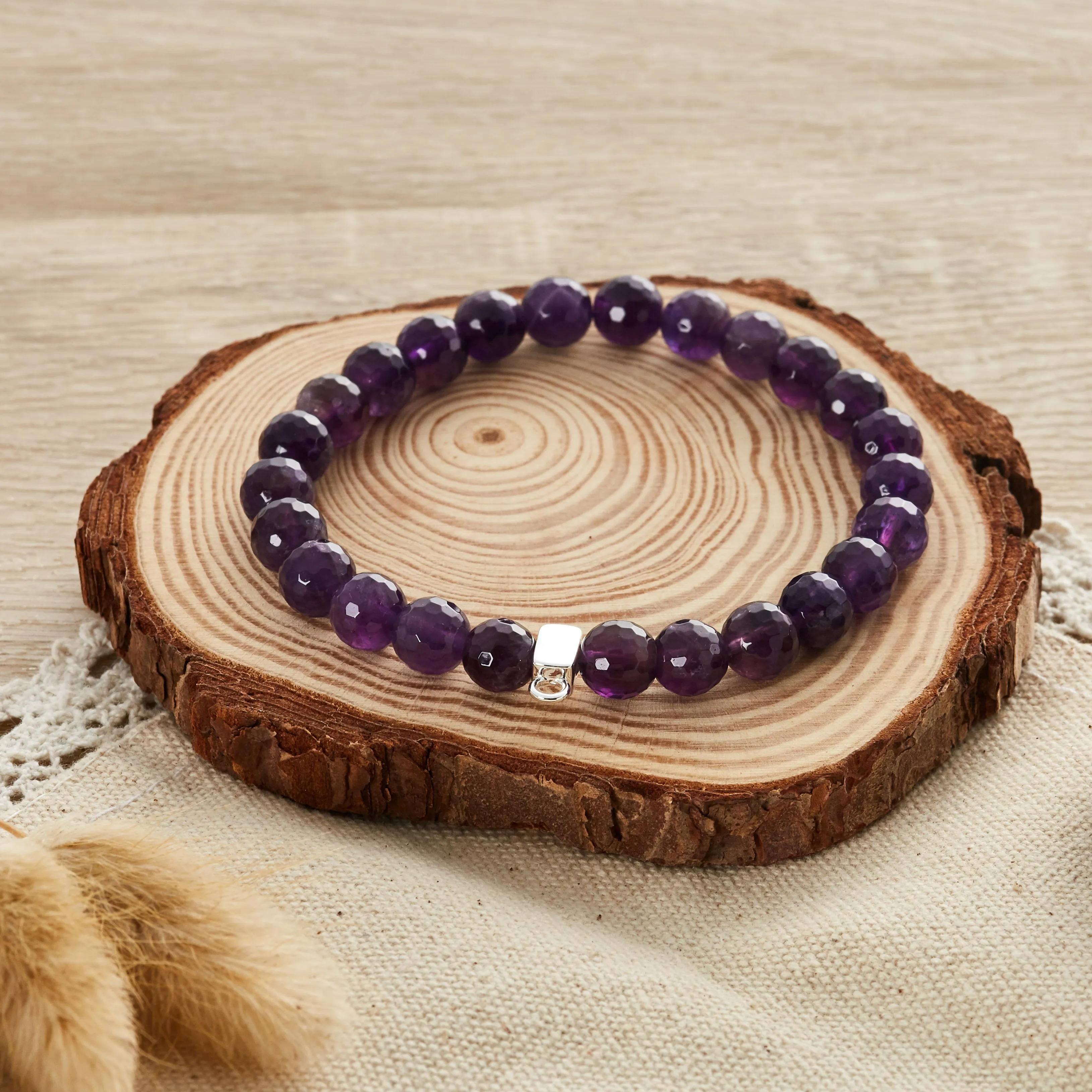 Faceted Amethyst Gemstone Stretch Bracelet with Charm Created with Zircondia® Crystals