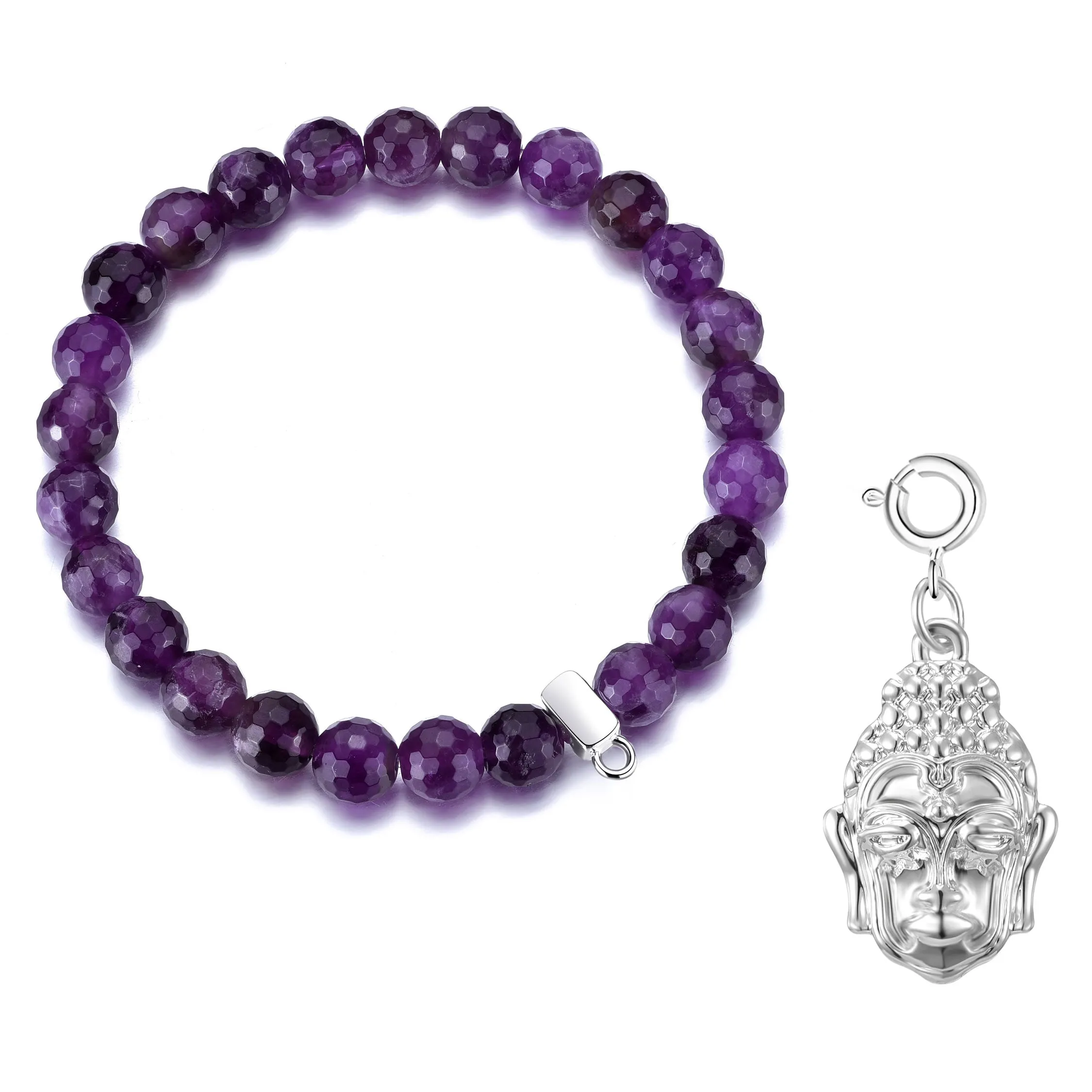 Faceted Amethyst Gemstone Stretch Bracelet with Charm Created with Zircondia® Crystals