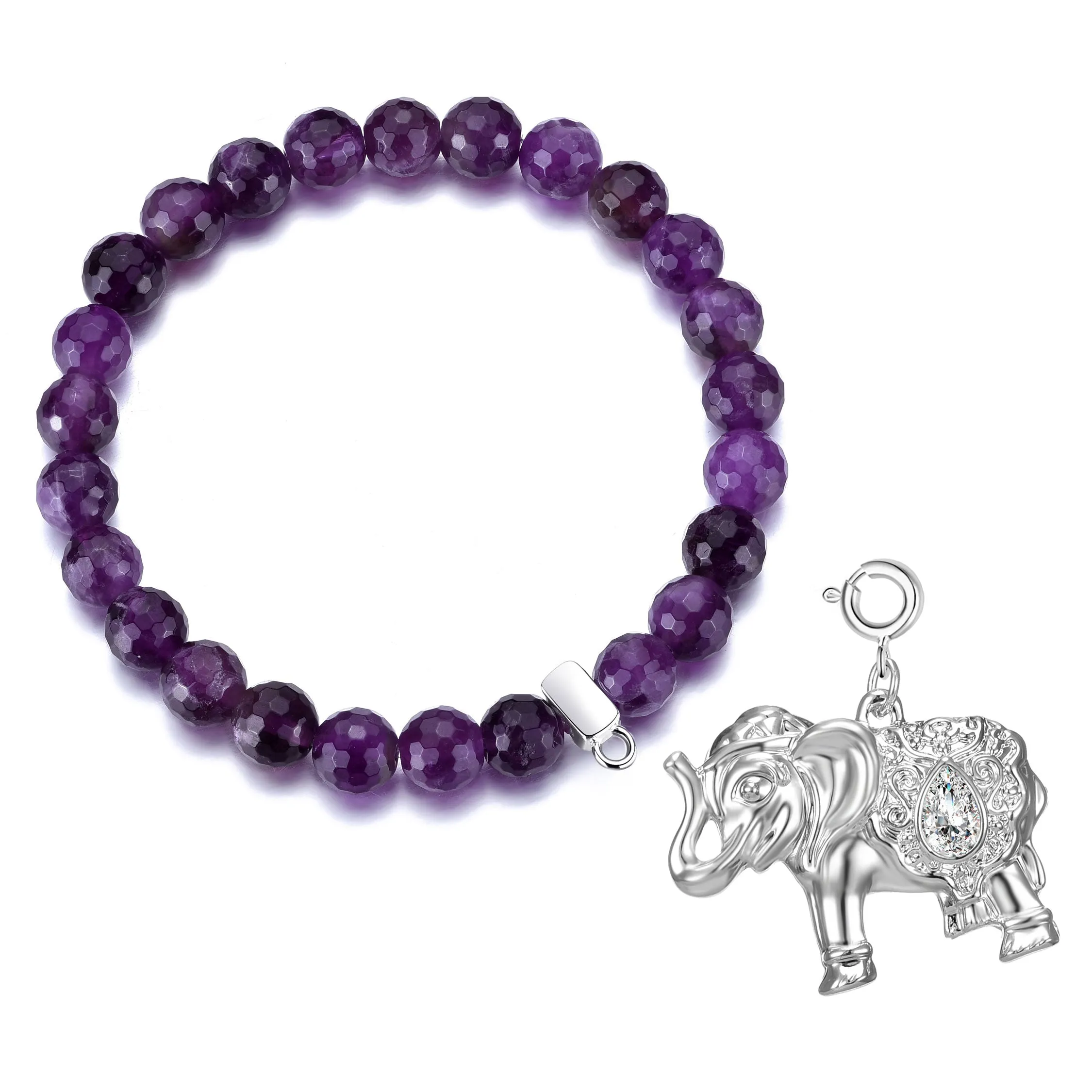 Faceted Amethyst Gemstone Stretch Bracelet with Charm Created with Zircondia® Crystals