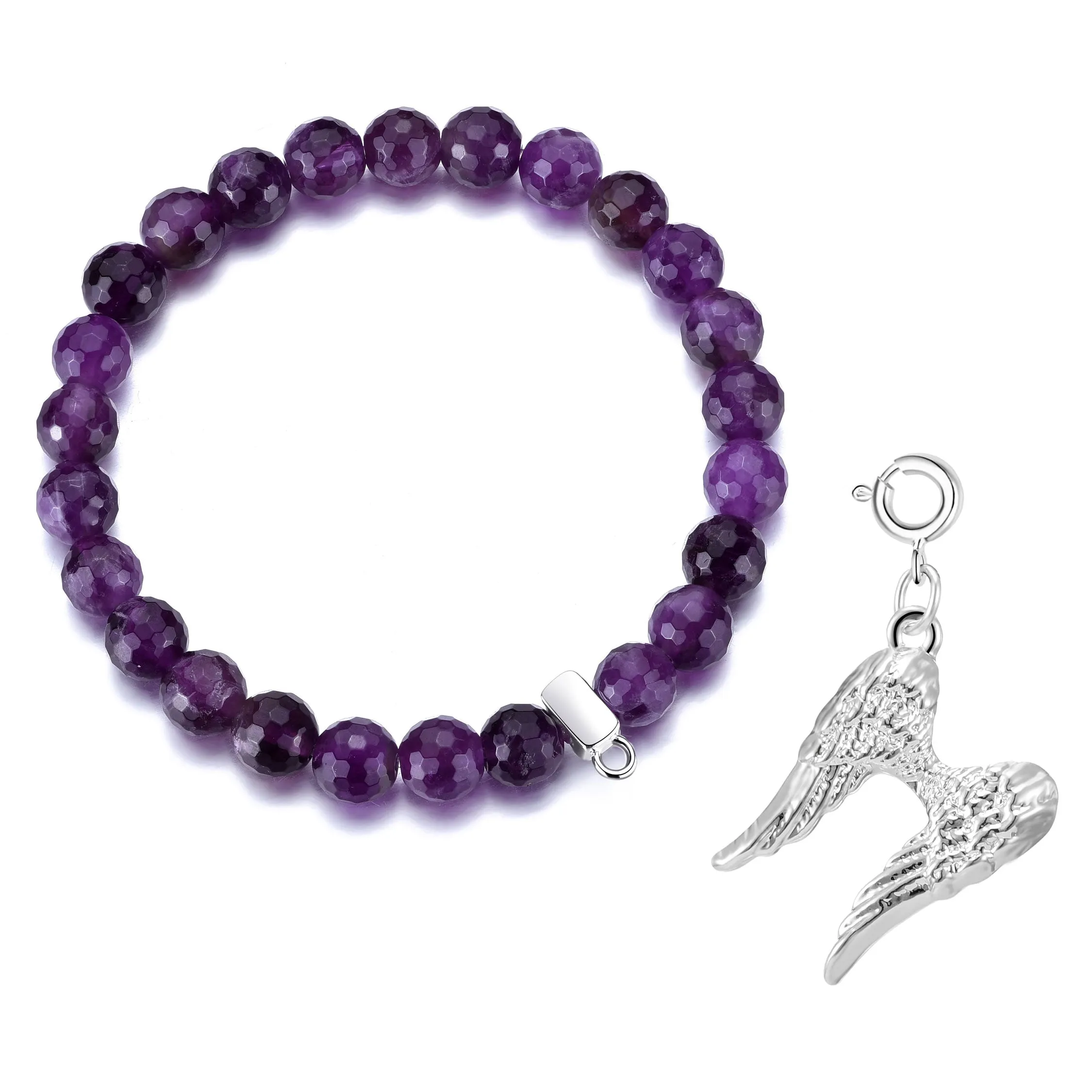 Faceted Amethyst Gemstone Stretch Bracelet with Charm Created with Zircondia® Crystals