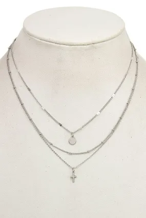 FMN102 Cross 3 Layer Pendant Necklace Silver