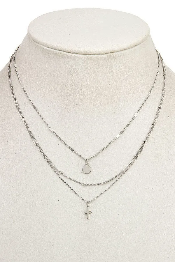 FMN102 Cross 3 Layer Pendant Necklace Silver