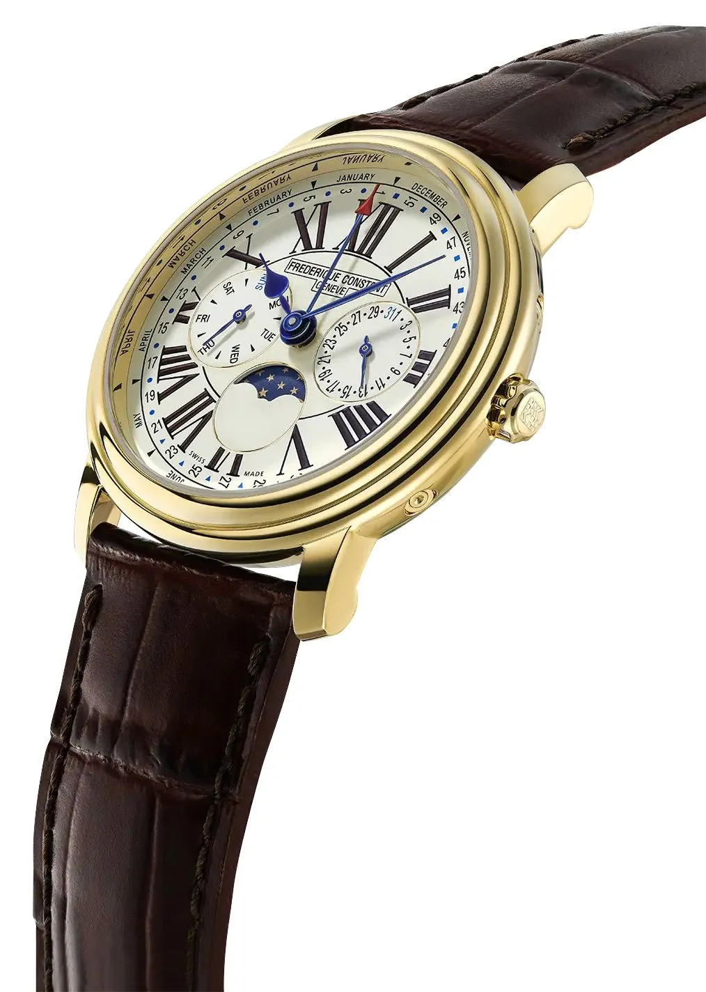 Frederique Constant Classics Business Timer Yellow Gold Plated Steel Ivory Dial Brown Leather Strap Moonphase Day/Date Month/Week Quartz Mens Watch FC-270EM4P5