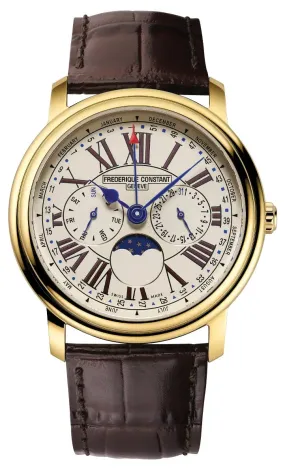 Frederique Constant Classics Business Timer Yellow Gold Plated Steel Ivory Dial Brown Leather Strap Moonphase Day/Date Month/Week Quartz Mens Watch FC-270EM4P5