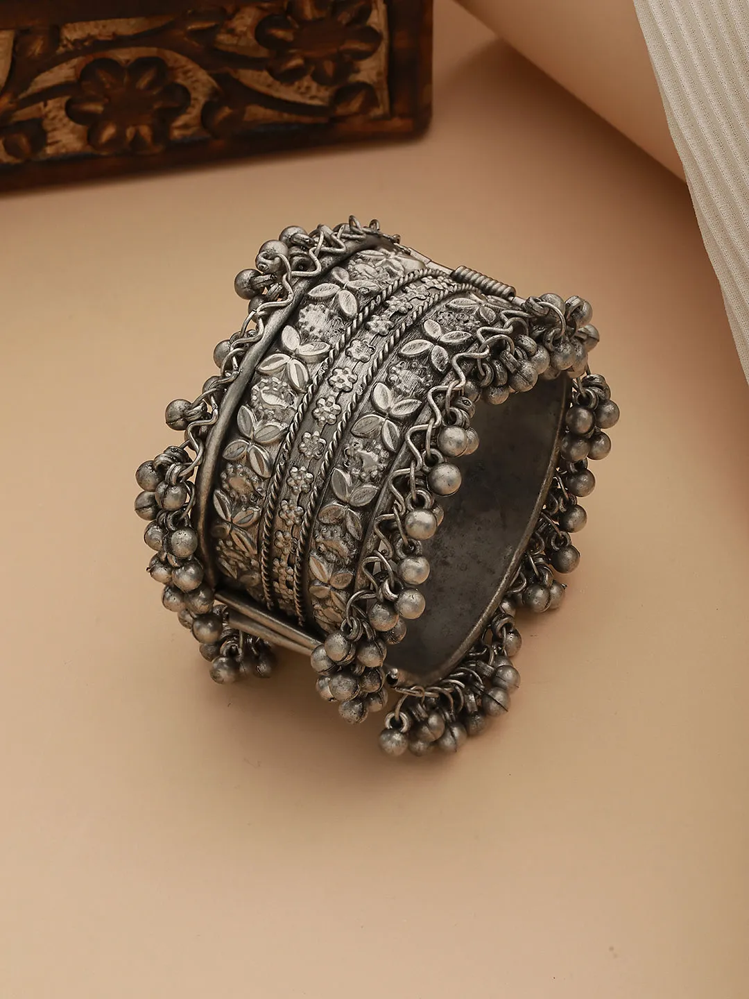 German Silver Oxidised Silver-Plated Floral Textured Bangle-Style Bracelet