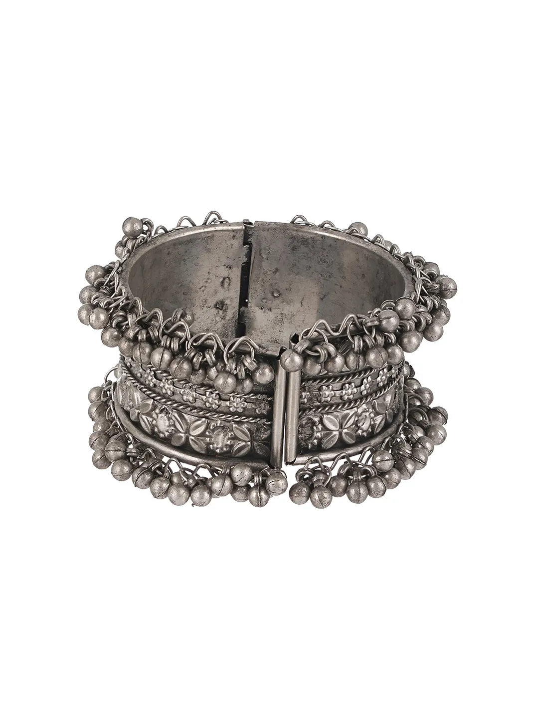 German Silver Oxidised Silver-Plated Floral Textured Bangle-Style Bracelet