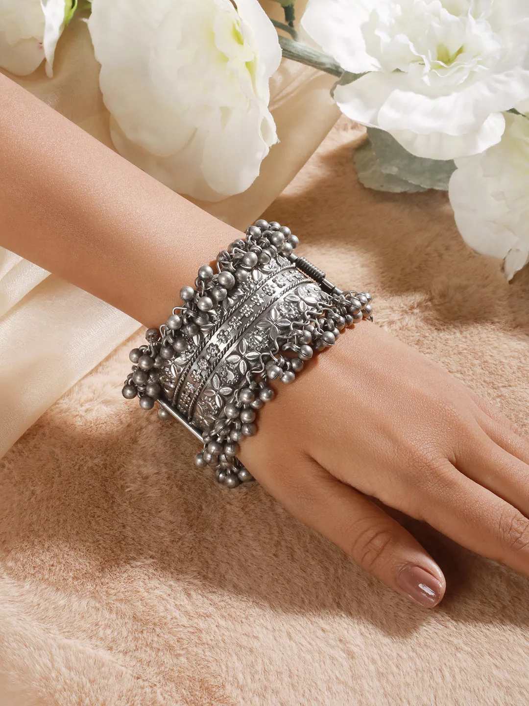 German Silver Oxidised Silver-Plated Floral Textured Bangle-Style Bracelet