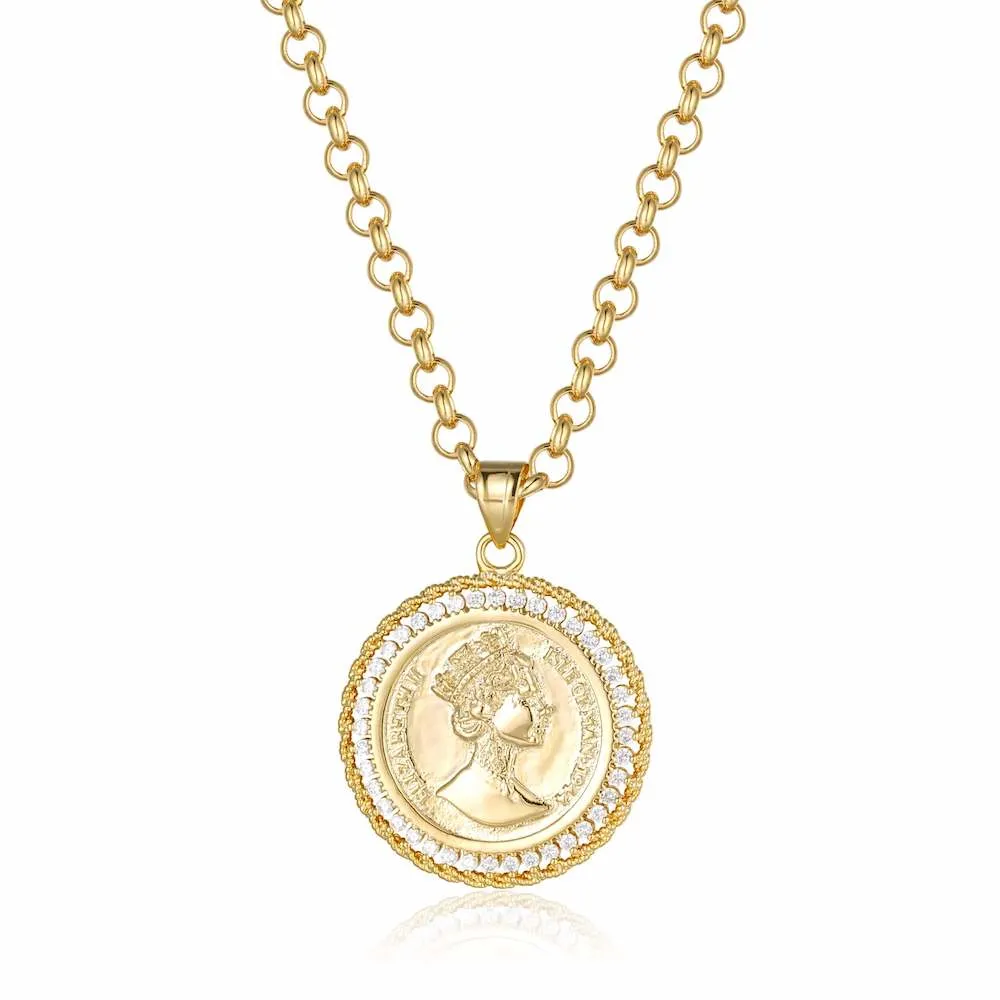 Gold Filled Royal Queen Coin Pendant with Stones 22 Inch 4mm Belcher Chain