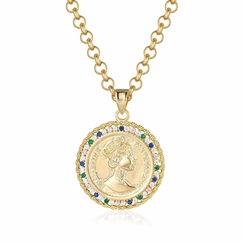 Gold Filled Royal Queen Coin Pendant with Stones 22 Inch 4mm Belcher Chain