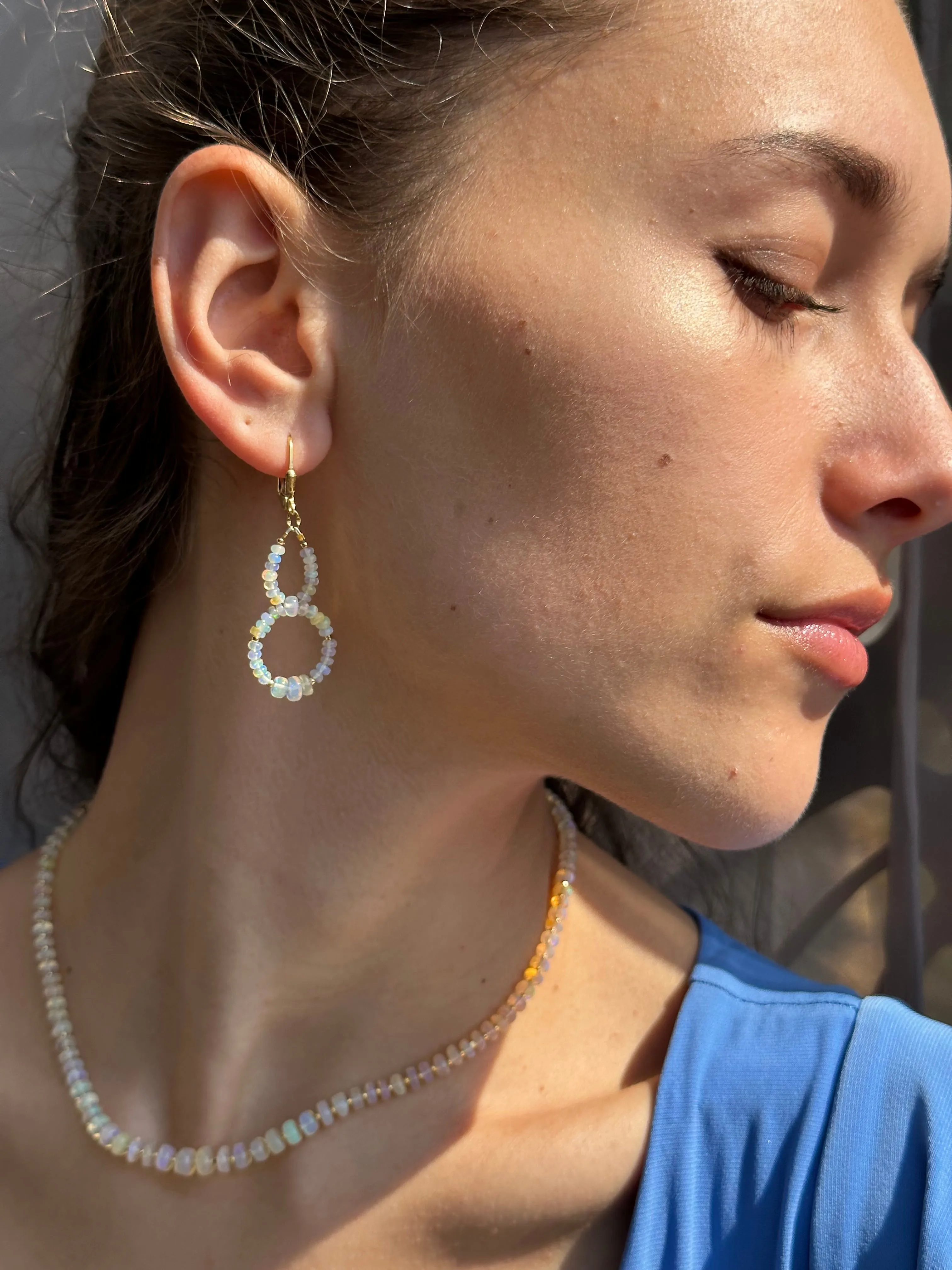 Gold Leverback Earrings with White Opal