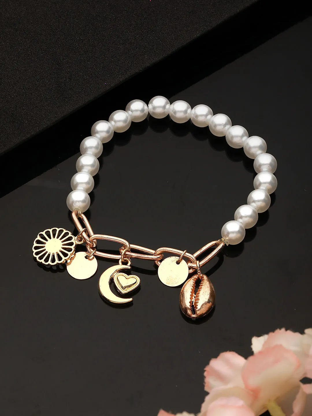 Gold-Plated & Pearl Beaded Charm Bracelet