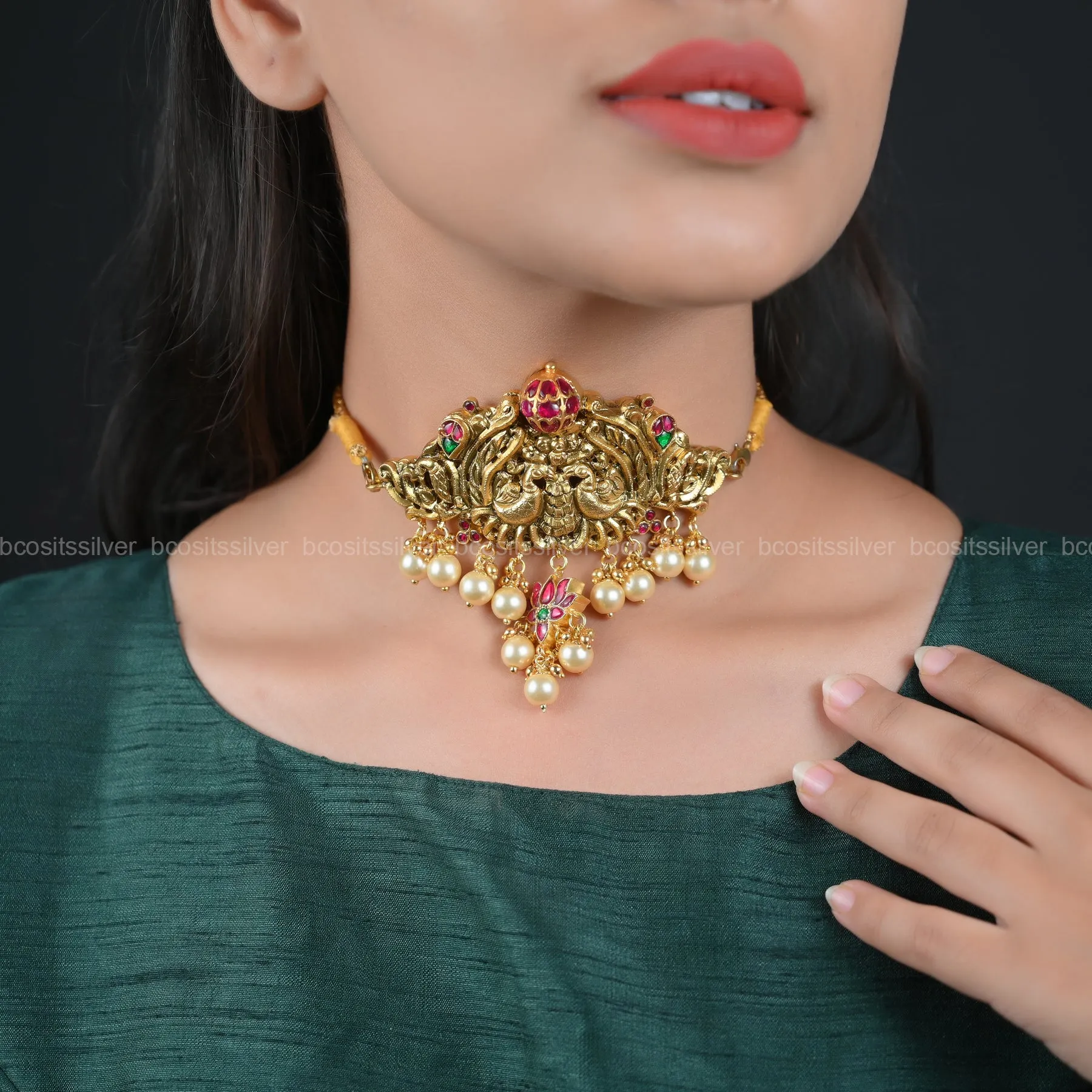 Gold Plated Peacock and Lotus Choker - 5635