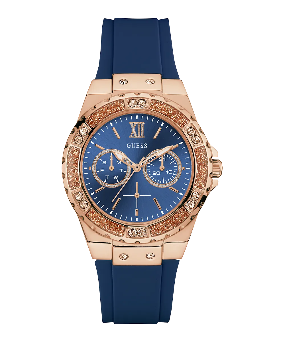 GUESS Ladies Blue Rose Gold Tone Multi-function Watch