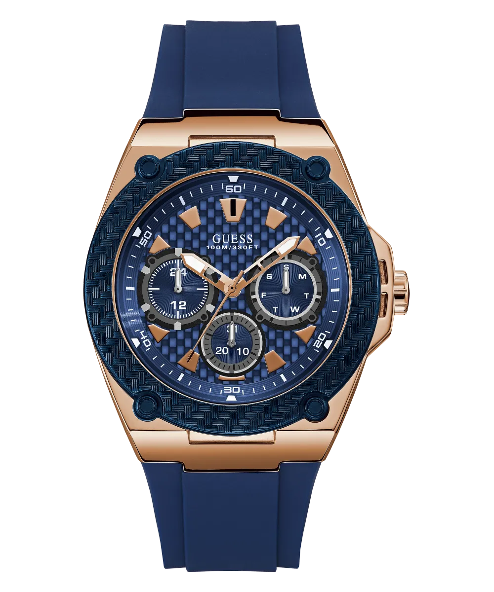 GUESS Mens Blue Rose Gold Tone Multi-function Watch