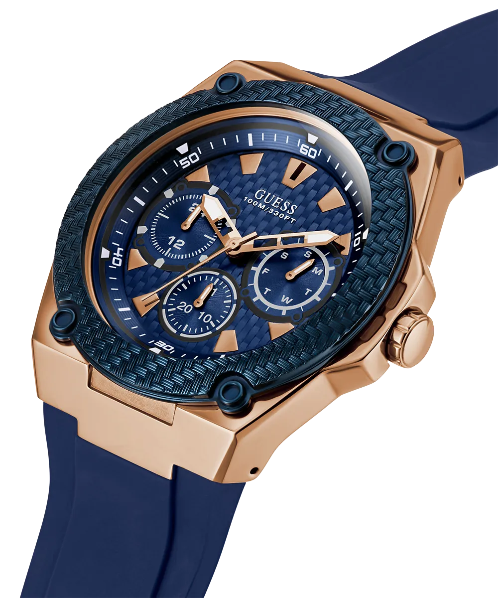 GUESS Mens Blue Rose Gold Tone Multi-function Watch