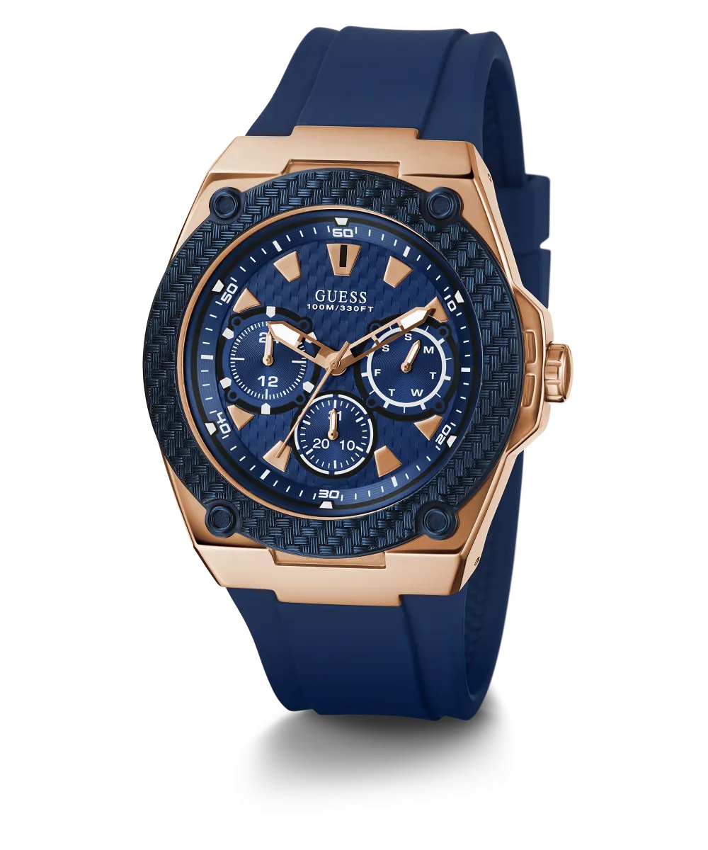 GUESS Mens Blue Rose Gold Tone Multi-function Watch