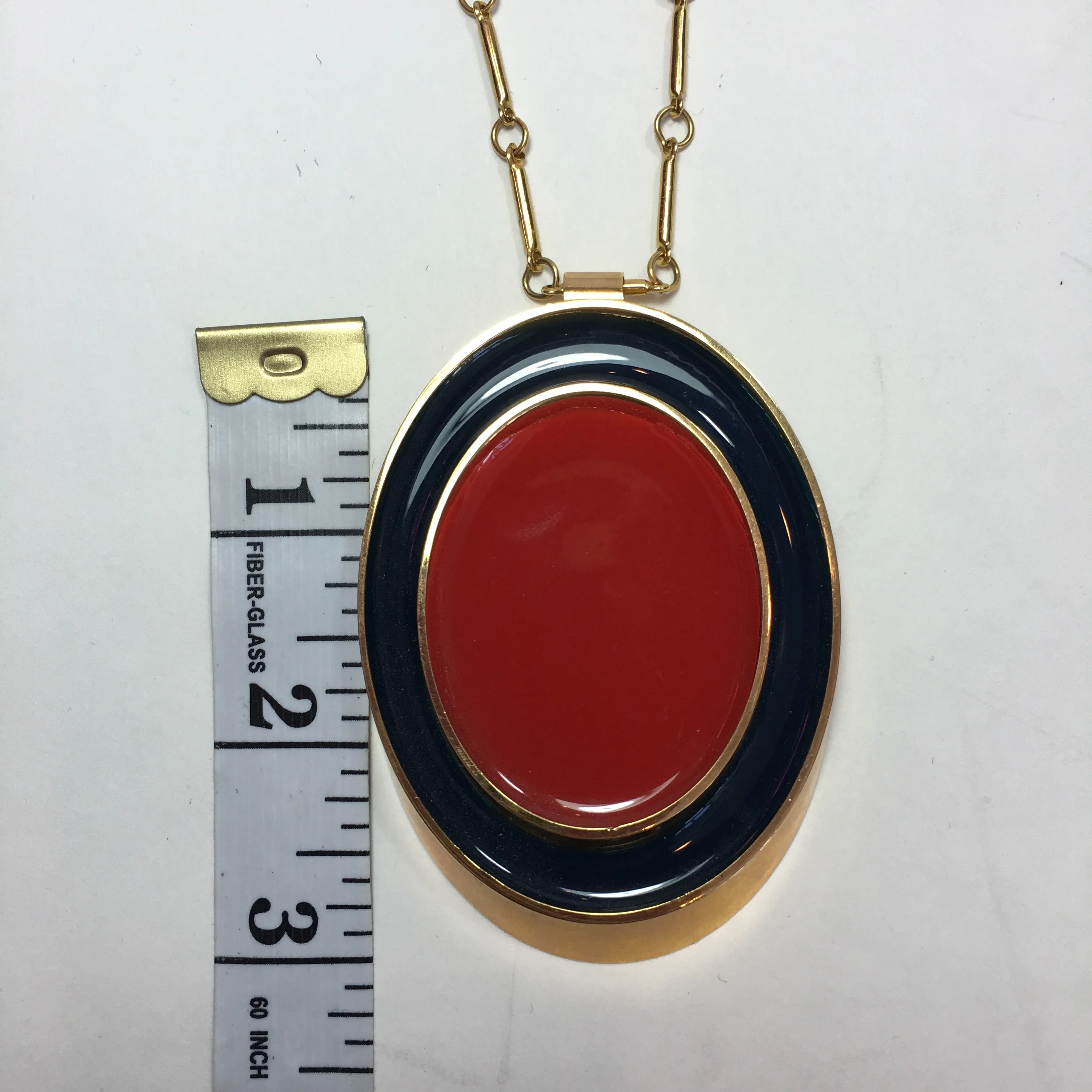 Guy Laroche Gold Tone Necklace with Red   Navy Enamel Plated Oval Pendant