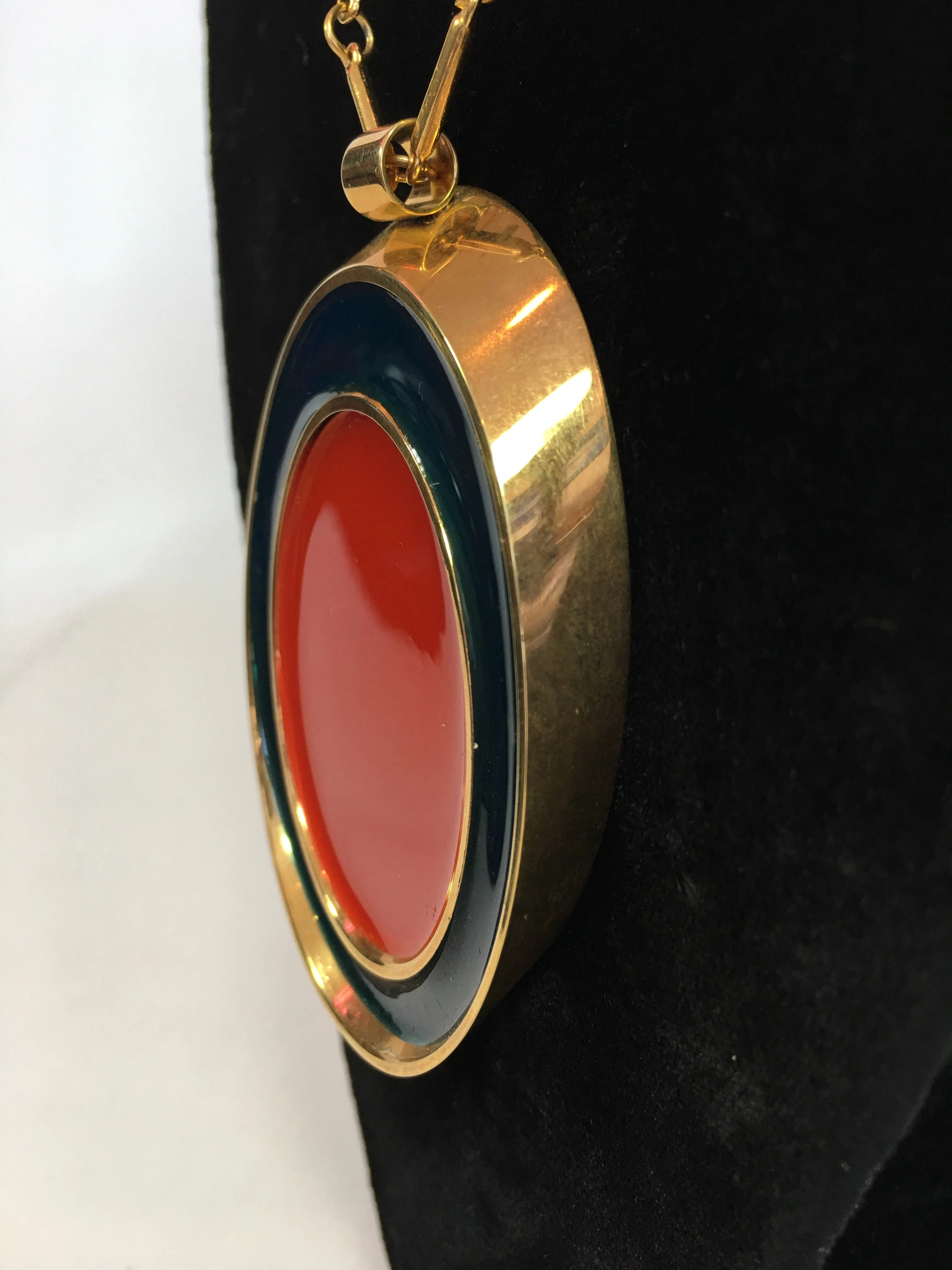 Guy Laroche Gold Tone Necklace with Red   Navy Enamel Plated Oval Pendant