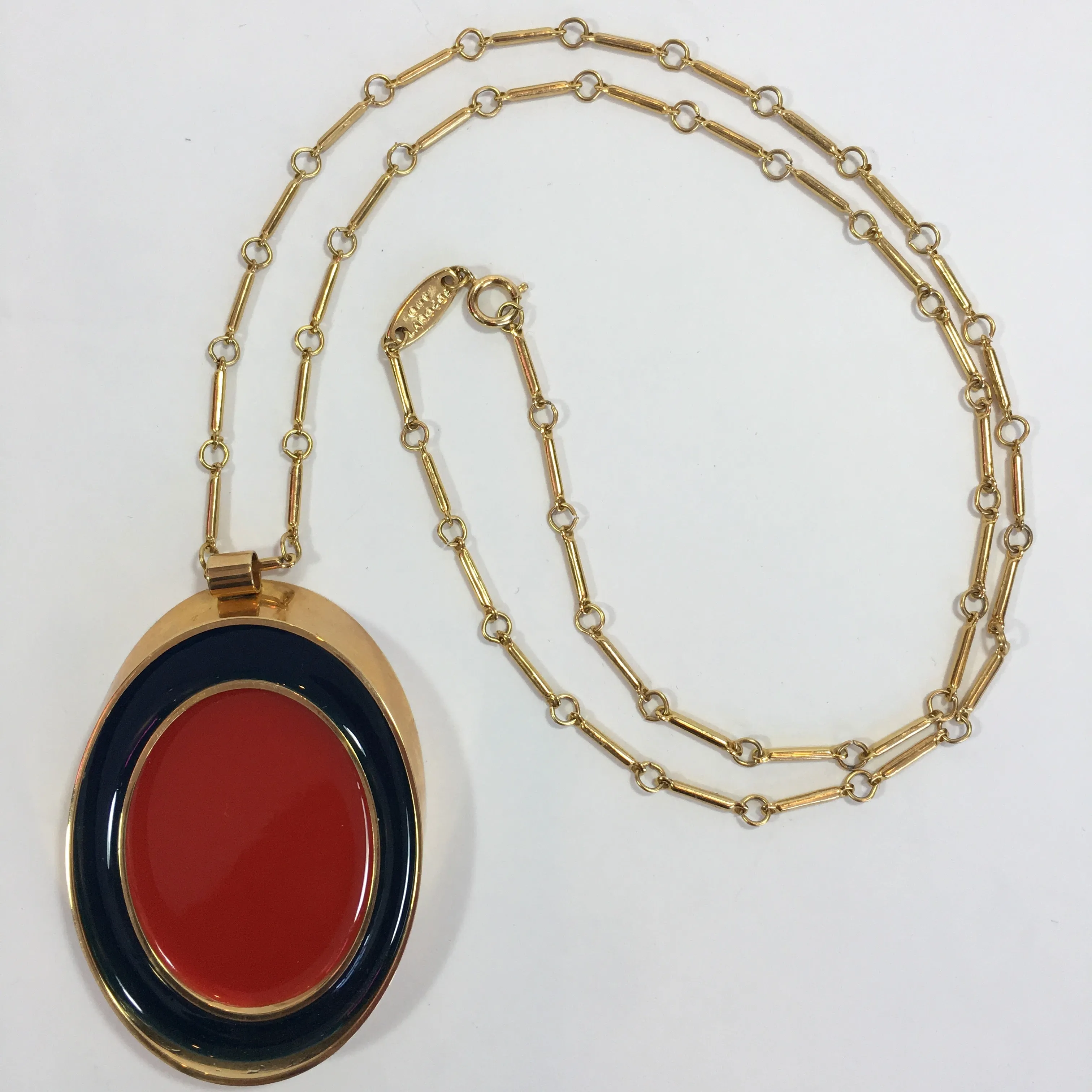 Guy Laroche Gold Tone Necklace with Red   Navy Enamel Plated Oval Pendant